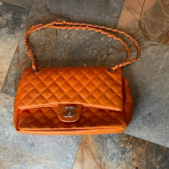 Authentic - Chanel Medium Lambskin Quilted Classic Flap – Orange - Picture 1 of 15